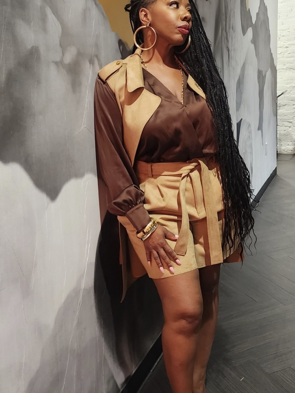 Two-Tone Tan Trench-Style Short Set